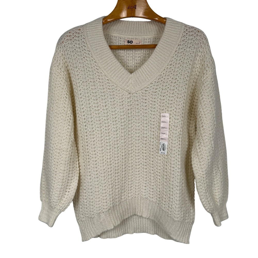 SO V-Neck Open Stitch Sweater Small Cream Balloon Sleeve Knit